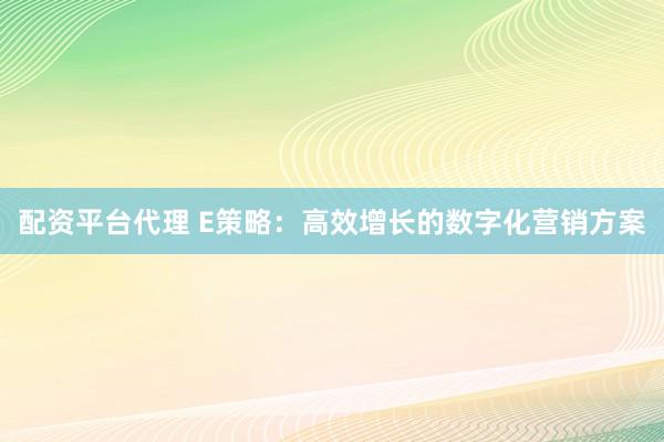配资平台代理 E策略：高效增长的数字化营销方案